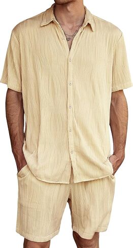 طقم JOGAL رجالي مكون من قطعتين قصير الأكمام كاجوال بأزرار سفلية ملابس صيفية للشاطئ in Kuwait