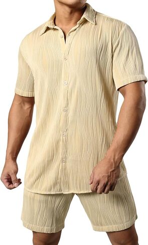 طقم JOGAL رجالي مكون من قطعتين قصير الأكمام كاجوال بأزرار سفلية ملابس صيفية للشاطئ in Kuwait