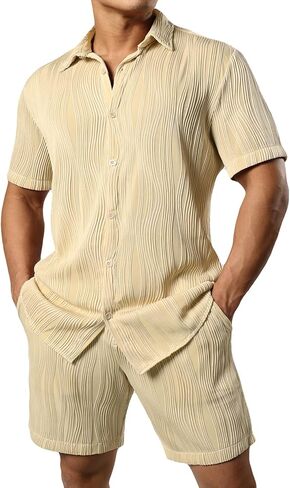 طقم JOGAL رجالي مكون من قطعتين قصير الأكمام كاجوال بأزرار سفلية ملابس صيفية للشاطئ in Kuwait