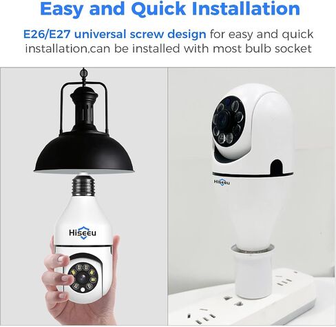 كاميرا Hiseeu Light Bulb Security Camera، 2.4 جيجا هرتز و5 جيجا هرتز WiFi كاميرا المصباح الكهربائي، صوت ثنائي الاتجاه، تتبع تلقائي وإنذار، رؤية ليلية ملونة كاملة 3 ميجابكسل، تخزين SD/سحابي، تعمل مع Alexa in Saudi Arabia