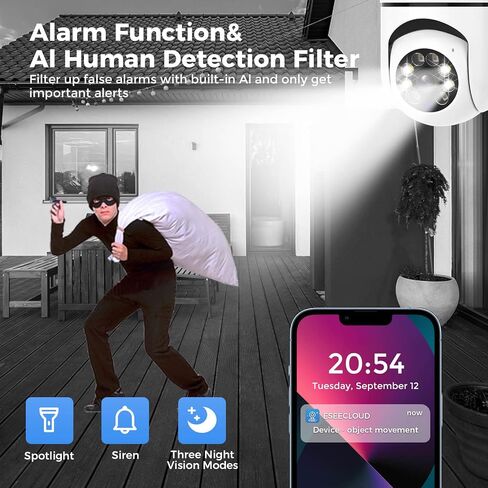 كاميرا Hiseeu Light Bulb Security Camera، 2.4 جيجا هرتز و5 جيجا هرتز WiFi كاميرا المصباح الكهربائي، صوت ثنائي الاتجاه، تتبع تلقائي وإنذار، رؤية ليلية ملونة كاملة 3 ميجابكسل، تخزين SD/سحابي، تعمل مع Alexa in Saudi Arabia