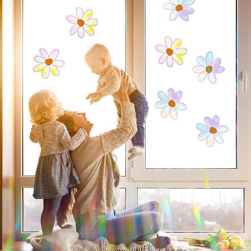 Daisy Window Suncatcher Stickers, 6PCS Non-Adhesive Flower Suncatchers Rainbow Stickers Prism Vinyl Decals Anti Collision Window Clings for Birds for Home Window Film Glass Decor in Saudi Arabia