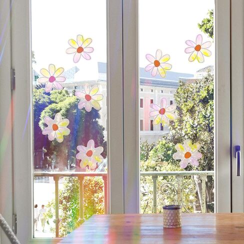 Daisy Window Suncatcher Stickers, 6PCS Non-Adhesive Flower Suncatchers Rainbow Stickers Prism Vinyl Decals Anti Collision Window Clings for Birds for Home Window Film Glass Decor in Saudi Arabia