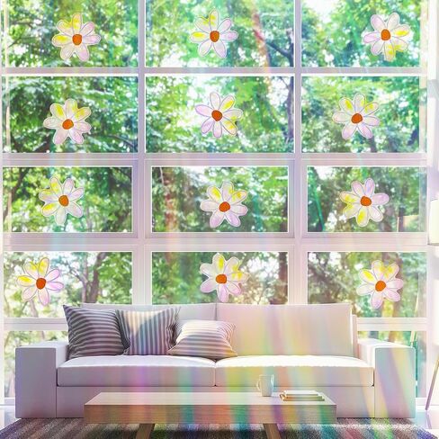 Daisy Window Suncatcher Stickers, 6PCS Non-Adhesive Flower Suncatchers Rainbow Stickers Prism Vinyl Decals Anti Collision Window Clings for Birds for Home Window Film Glass Decor in Saudi Arabia