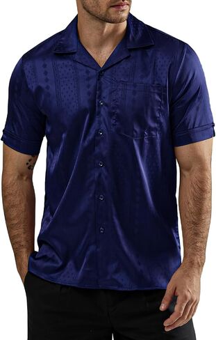 VATPAVE Mens Summer Jacquard Silk Shirts Casual Button Down Short Sleeve Hawaiian Shirt with Pocket in Saudi Arabia