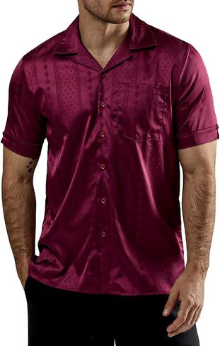 VATPAVE Mens Summer Jacquard Silk Shirts Casual Button Down Short Sleeve Hawaiian Shirt with Pocket in Saudi Arabia