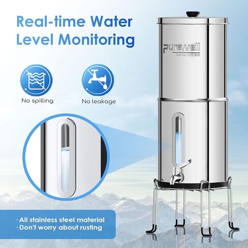 Purewell 2.25G Gravity Water Filter System with Water Level Window, 3-Stage 0.01μm Ultra-Filtration Stainless Steel Countertop System with 2 Filters and Stand, Reduce 99% Chlorine, PW-KS in Saudi Arabia
