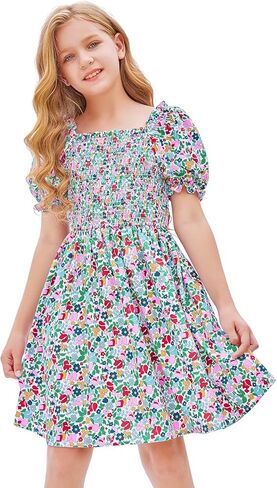 LaBeca Girls Square Neck Ruffle Puff Sleeve Floral Print Smocked Casual Dress for 5-12 Years in Kuwait