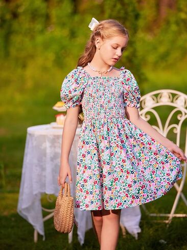 LaBeca Girls Square Neck Ruffle Puff Sleeve Floral Print Smocked Casual Dress for 5-12 Years in Kuwait