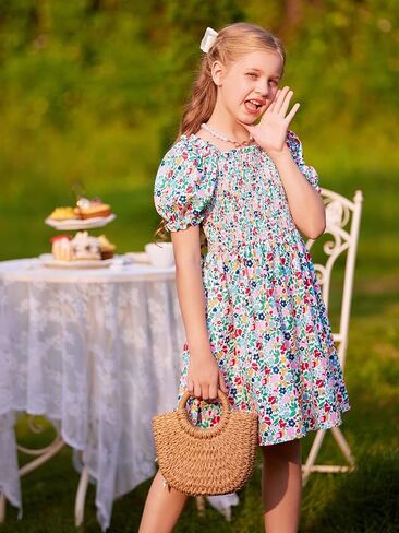 LaBeca Girls Square Neck Ruffle Puff Sleeve Floral Print Smocked Casual Dress for 5-12 Years in Kuwait
