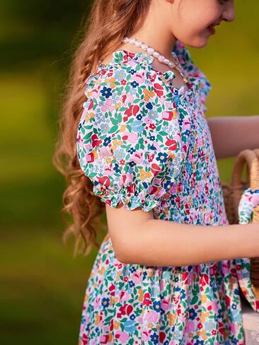 LaBeca Girls Square Neck Ruffle Puff Sleeve Floral Print Smocked Casual Dress for 5-12 Years in Kuwait