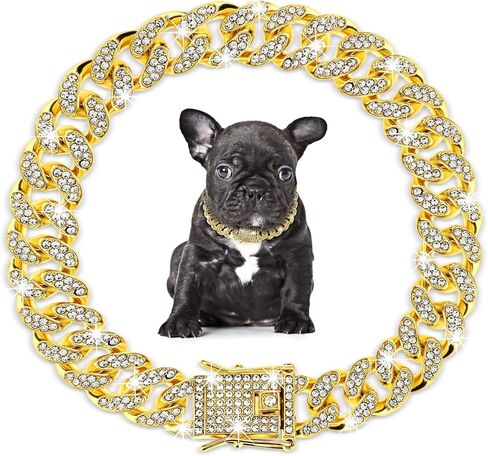 Rhinestone Dog Chain Collar, Adjustable Cuban Link Dog Collar with Secure Buckle Design Metal Cat Chain Necklace Pet Collar Jewelry Accessories for Small Medium Large Dogs Cats(Gold) in Saudi Arabia
