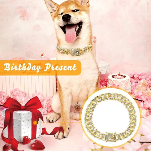 Rhinestone Dog Chain Collar, Adjustable Cuban Link Dog Collar with Secure Buckle Design Metal Cat Chain Necklace Pet Collar Jewelry Accessories for Small Medium Large Dogs Cats(Gold) in Saudi Arabia