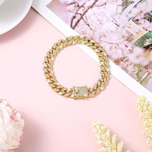 Rhinestone Dog Chain Collar, Adjustable Cuban Link Dog Collar with Secure Buckle Design Metal Cat Chain Necklace Pet Collar Jewelry Accessories for Small Medium Large Dogs Cats(Gold) in Saudi Arabia