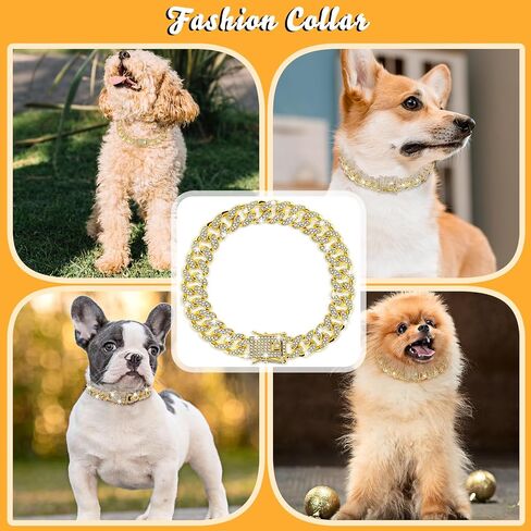 Rhinestone Dog Chain Collar, Adjustable Cuban Link Dog Collar with Secure Buckle Design Metal Cat Chain Necklace Pet Collar Jewelry Accessories for Small Medium Large Dogs Cats(Gold) in Saudi Arabia