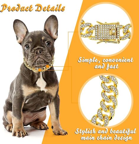 Rhinestone Dog Chain Collar, Adjustable Cuban Link Dog Collar with Secure Buckle Design Metal Cat Chain Necklace Pet Collar Jewelry Accessories for Small Medium Large Dogs Cats(Gold) in Saudi Arabia