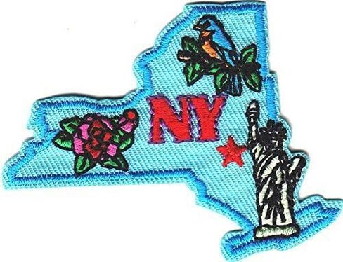 New York State Shape Iron On Patch Big Apple Featuring The Statue of Liberty and The Eastern Bluebird in Saudi Arabia
