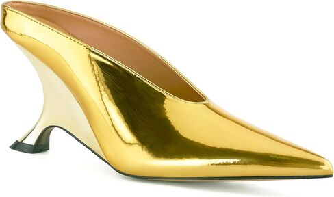 Arqa Metallic Leather Heeled Mules for Women Pointed Toe Wedge Heel Slide Sandals Slip-on Mule Heels Dressy Pumps in Kuwait