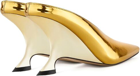 Arqa Metallic Leather Heeled Mules for Women Pointed Toe Wedge Heel Slide Sandals Slip-on Mule Heels Dressy Pumps in Kuwait