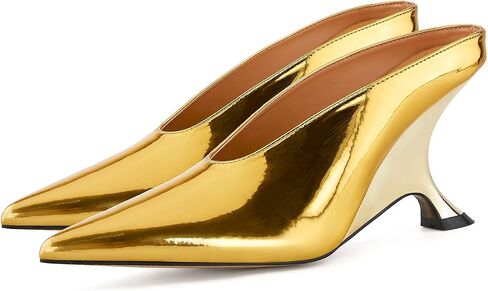 Arqa Metallic Leather Heeled Mules for Women Pointed Toe Wedge Heel Slide Sandals Slip-on Mule Heels Dressy Pumps in Kuwait