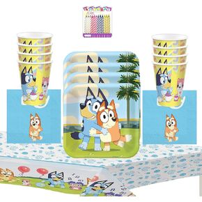 Bluey Party Supplies Pack Serves 16: 7" Dessert Plates Beverage Napkins Cups and Table Cover with Birthday Candles (Bundle for 16) Multicolor