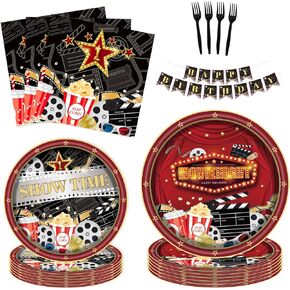 Movie Night Party Supplies Kit for 24 Guests - 97 Pcs Including Plates, Forks, Napkins, Bunting - Perfect for Movie Buffs' Birthday Celebrations