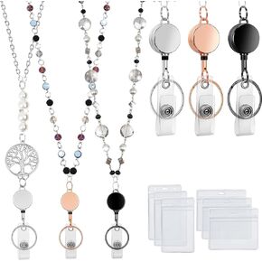 Lanyards for ID Badges and Keys with Retractable Badge Reel, Beautiful Beaded Necklace Lanyards for Women Teacher with 6 Waterproof Name Badge Holders