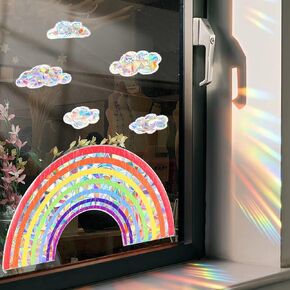 Rainbow Cloud Window Stickers, 6PCS Non-Adhesive Suncatchers Stickers Prism Vinyl Decals Anti Collision Window Clings for Birds for Home Decor Window Film Glass Panels