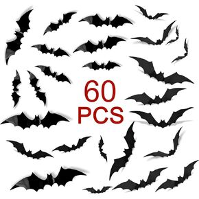Bats Wall Decor Halloween 3D Bats Decoration 60Pcs,Halloween Indoor Bat Stickers,4 Sizes Halloween Decoration Stickers for DIY Home Bathroom Indoor Hallowmas Decoration Party Supplies