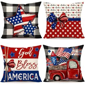 4th of July Throw Pillow Covers 18 x 18 Inch Set of 4, Patriotic Stars God Bless America Summer Farmhouse Holiday Independence Memorial Day Cushion Case for Home Sofa Couch Decoration TH201 in Kuwait