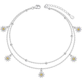 S925 Sterling Silver Elegant Foot Chain Beads Charm Boho Beach Double Layer Anklets Bracelet for Women Teenager Girls Adjustable 9 to 10.5 inches