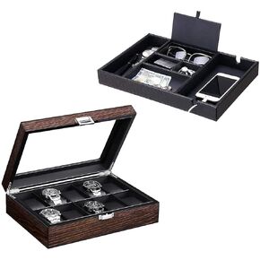 BEWISHOME Valet Tray for Men Dresser Organizer Nightstand Organizer & 10 Slot Luxury Watch Case with Real Glass Top Bundle