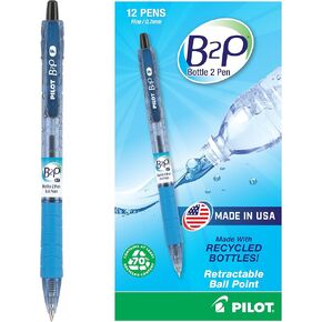 PILOT B2P - Bottle to Pen Refillable & Retractable Ball Point Pen Made From Recycled Bottles, Fine Point, Black Ink, 12-Pack (32600)