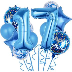 Balloons,11 pcs Foil Balloons 17 Year Old for 17th Birthday Party Supplies Decoration，Confetti Balloon Kids Party Balloons Birthday Party Supplies 17 Years Old Birthday Balloon for Kids (17th, Blue)