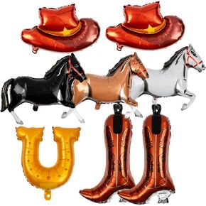 8Pcs Western Party Decorations Foil Balloons with Cowgirl Hat Balloons Boot, Horse Balloons and a U-shaped Foil balloon for Western Cowboy Rodeo Birthday Party Bachelor Party Wedding Decor Supplies