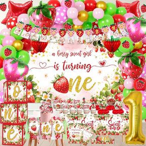 Berry First Birthday Decor Decorations, 136 Pcs Strawberry Sweet One 1st Party Supplies for Girls Baby - Banner, Cake Toppers, Balloons, Tablecloth, Centerpieces, Crown, Poster, Baby Boxes