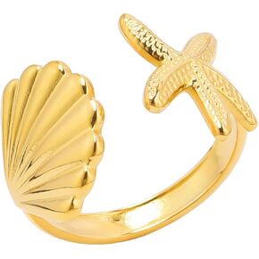 Shell Starfish Ring for Women Opening Seashell Ring Adjustable Statement Ring for Women Boho Ring Summer Beach Ocean Jewelry Gifts