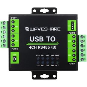 Waveshare Industrial Isolated USB to 4-Ch RS485 Converter (B), CH344L Chip, Multi Protection Circuits, Multi Systems Support, Aluminium Alloy Case, Wall-Mount & Rail-Mount Support