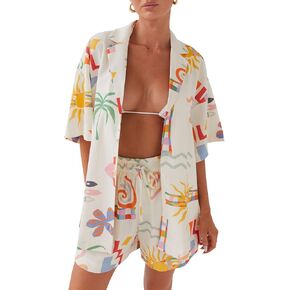 Women Graphic 2 Piece Outfit Short Sleeve Sun Print Button Up Shirt Drawstring Shorts Set Causal Beachwear