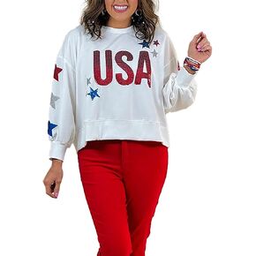Millie USA Stars Sequins White, Polyester Blend, Women's Relaxed Fit Pullover Crewneck Sweatshirt