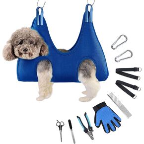 Dog Grooming Hammock Harness for Dogs & Cats with Pet Nail Clipper Trimmer - Cat Hanger Sling for Trimming Clipping Nails- Dog Hammock Restraint Bag for Small Medium Large Dog （ Blue L