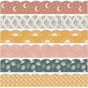 Whaline 82Ft Modern Boho Bulletin Board Borders Sun Moon Leaves Trim Border Pink Beige Green Boho Bulletin Board Stickers for School Classroom Office Decor