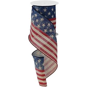 Stars & Stripes Flag Wired Edge Ribbon - 4 Inches x 10 Yards (Tan, Red, Blue)