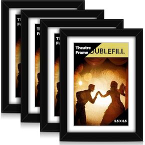 4 Pcs Theatre Bill Frame with Mat Holds 5.5 x 8.5 Inch Theatre Bill Media Ticket Frame with Easel Stand and Installed Hanger for Theatre Bill Gallery Poster Wall Hanging or Tabletop Display (Black)