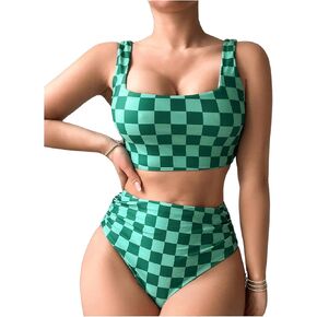 Floerns Women's Plaid Print Square Neck Tankini Sets Two Piece Bathing Suit
