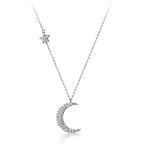 Crystal Crescent Moon Pendant Necklace Sterling Silver S925 Dainty Cubic Zirconia Diamond Star Charm Adjustable Chain Necklaces Chokers Delicate Jewelry Gifts for Women Girls BFF