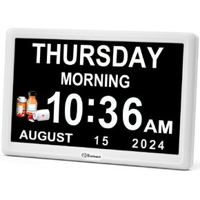 Digital Dementia Day Clock for Seniors with 12 Alarms – Multiple Reminders for Elderly Large Display Calendar Desk Clock with Date for Gift for Alzheimer Bedroom Desk Shelf Adapter Included