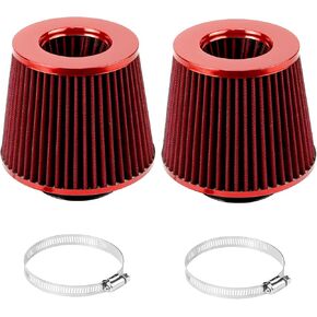 QWORK 3 Inch Red Cone Replacement Performance Air Filter - Two-Layer Mesh Material, Reusable and Washable with Stainless Steel Clamp, 2 Pack