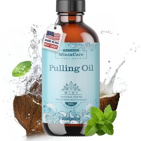 All Natural Organic Oil Pulling for Teeth & Gums, Mouthwash in Glass Bottle for Teeth Whitening, Fresh Breath & Gum Health - Oral Care - Made in USA - Mint Flavor - 8oz, Clear
