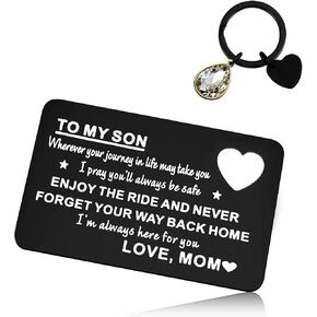 Christmas Son Gift From Mom Engraved Wallet Insert Keychain Set Mom to Son Gifts Card Inspirational Gift Birthday Graduation Gift New Driver Gift Going Away Gift for Boys Teens Son Birthday Card